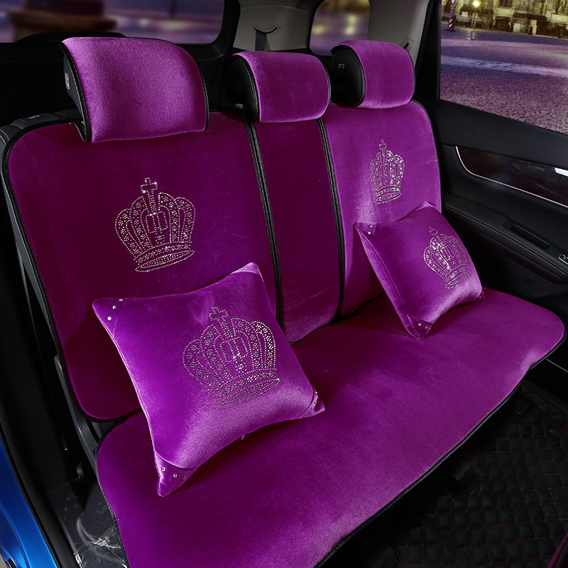 Luxury Crystals Plush Crown Car Seat Covers Gorgeous Universal Auto Seat Cushion 11pcs Sets - Purple