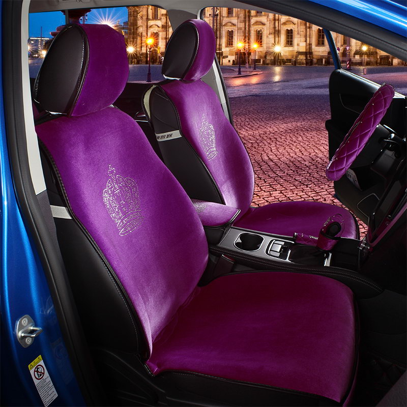 Luxury Crystals Plush Crown Car Seat Covers Gorgeous Universal Auto Seat Cushion 7pcs Sets - Purple