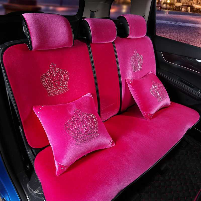 Luxury Crystals Plush Crown Car Seat Covers Gorgeous Universal Auto Seat Cushion 7pcs Sets - Rose