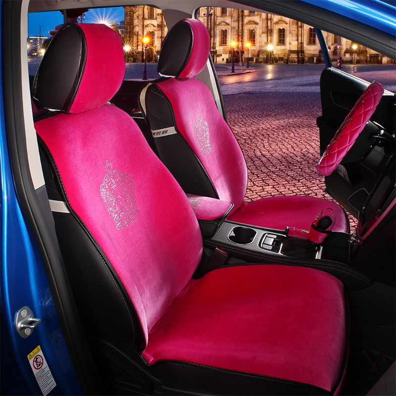 Luxury Crystals Plush Crown Car Seat Covers Gorgeous Universal Auto Seat Cushion 7pcs Sets - Rose