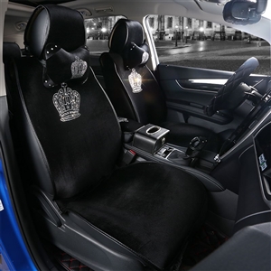 Luxury Crystals Plush Crown Car Seat Covers Gorgeous Universal Auto Seat Cushion 9pcs Sets - Black