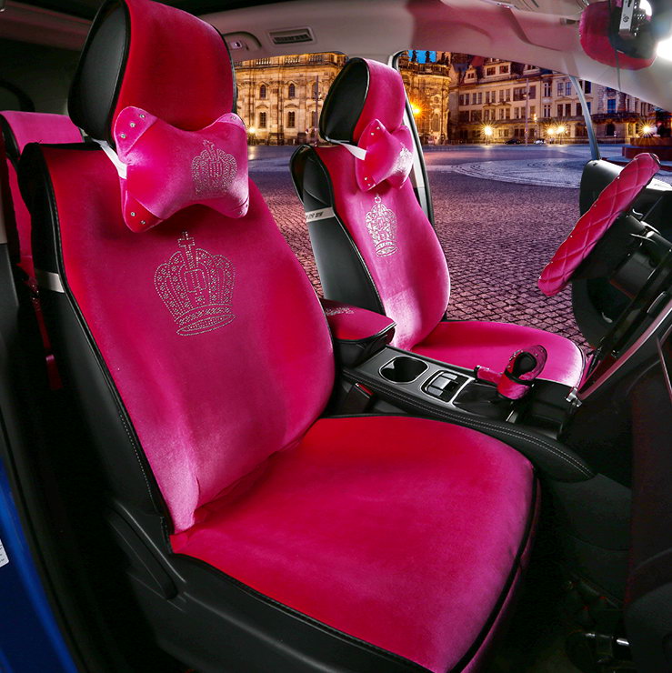 Luxury Crystals Plush Crown Car Seat Covers Gorgeous Universal Auto Seat Cushion 9pcs Sets - Rose
