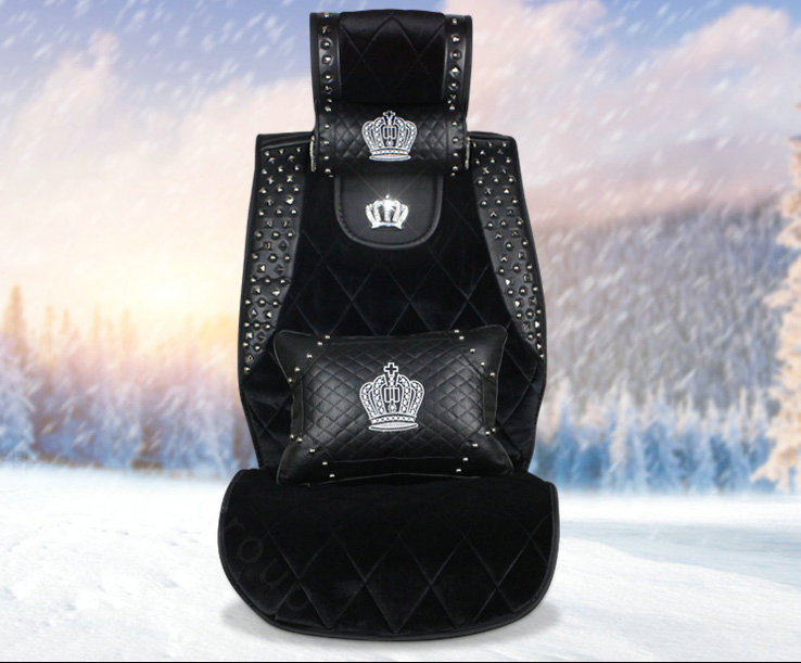 Luxury Crystals Plush Crown Car Seat Covers Punk Rivet Universal Auto Seat Cushion 6pcs Sets - Black