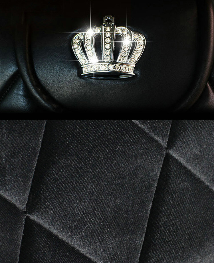 Luxury Crystals Plush Crown Car Seat Covers Punk Rivet Universal Auto Seat Cushion 6pcs Sets - Black