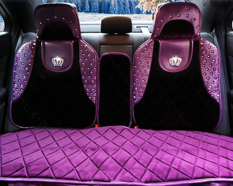 Luxury Crystals Plush Crown Car Seat Covers Punk Rivet Universal Auto Seat Cushion 6pcs Sets - Purple