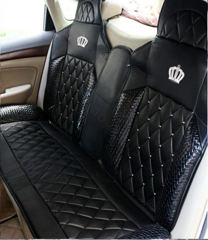 Luxury Diamond Crown Universal Automobile Leather Car Seat Cover Cushion 10pcs Sets - Black