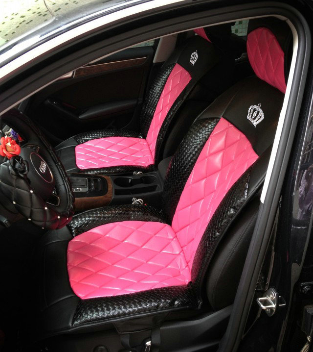 Luxury Diamond Crown Universal Automobile Leather Car Seat Cover Cushion 10pcs Sets - Rose