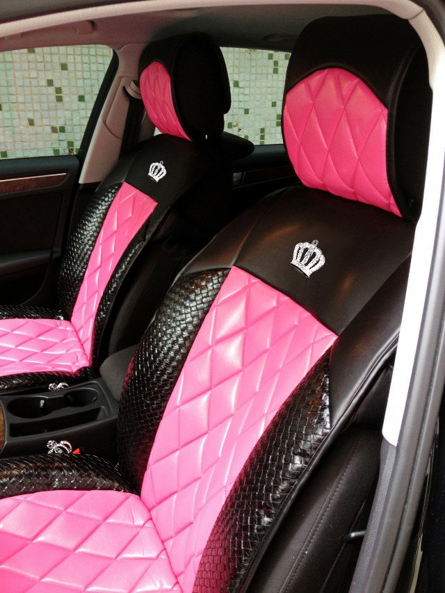Luxury Diamond Crown Universal Automobile Leather Car Seat Cover Cushion 10pcs Sets - Rose